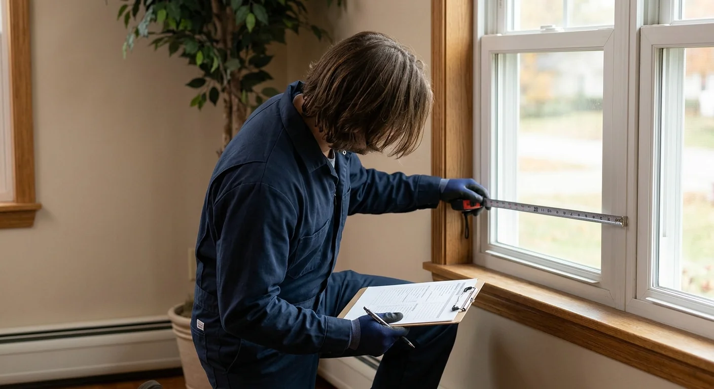 Inspector measuring a worn window sash during a home assessment