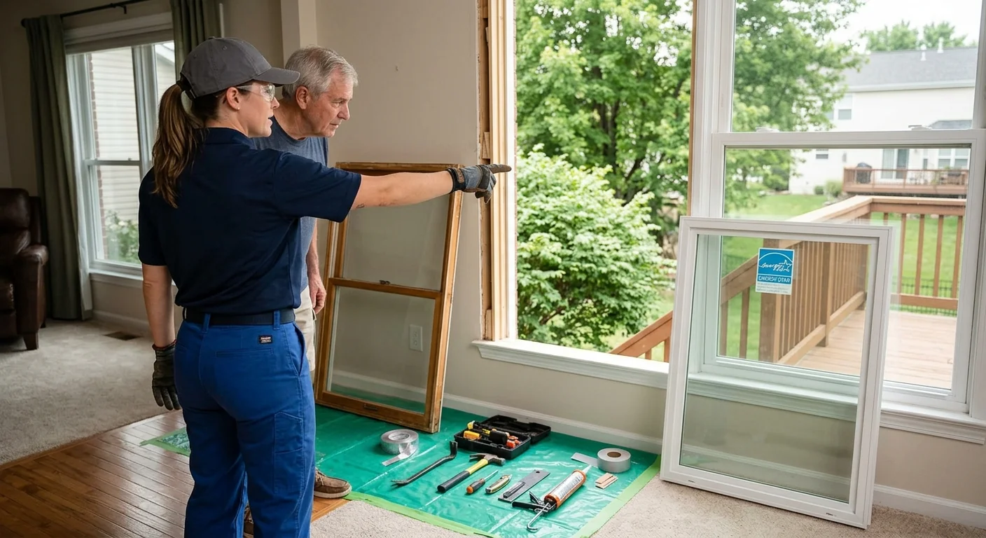 Window replacement work area with tools and a new insulated glass unit staged