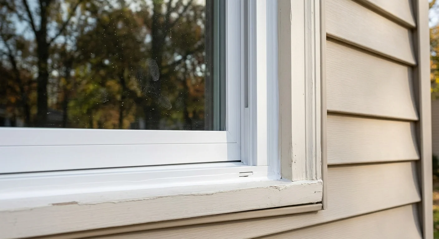 Newly installed double hung vinyl window with fresh caulking on a Chesterfield home