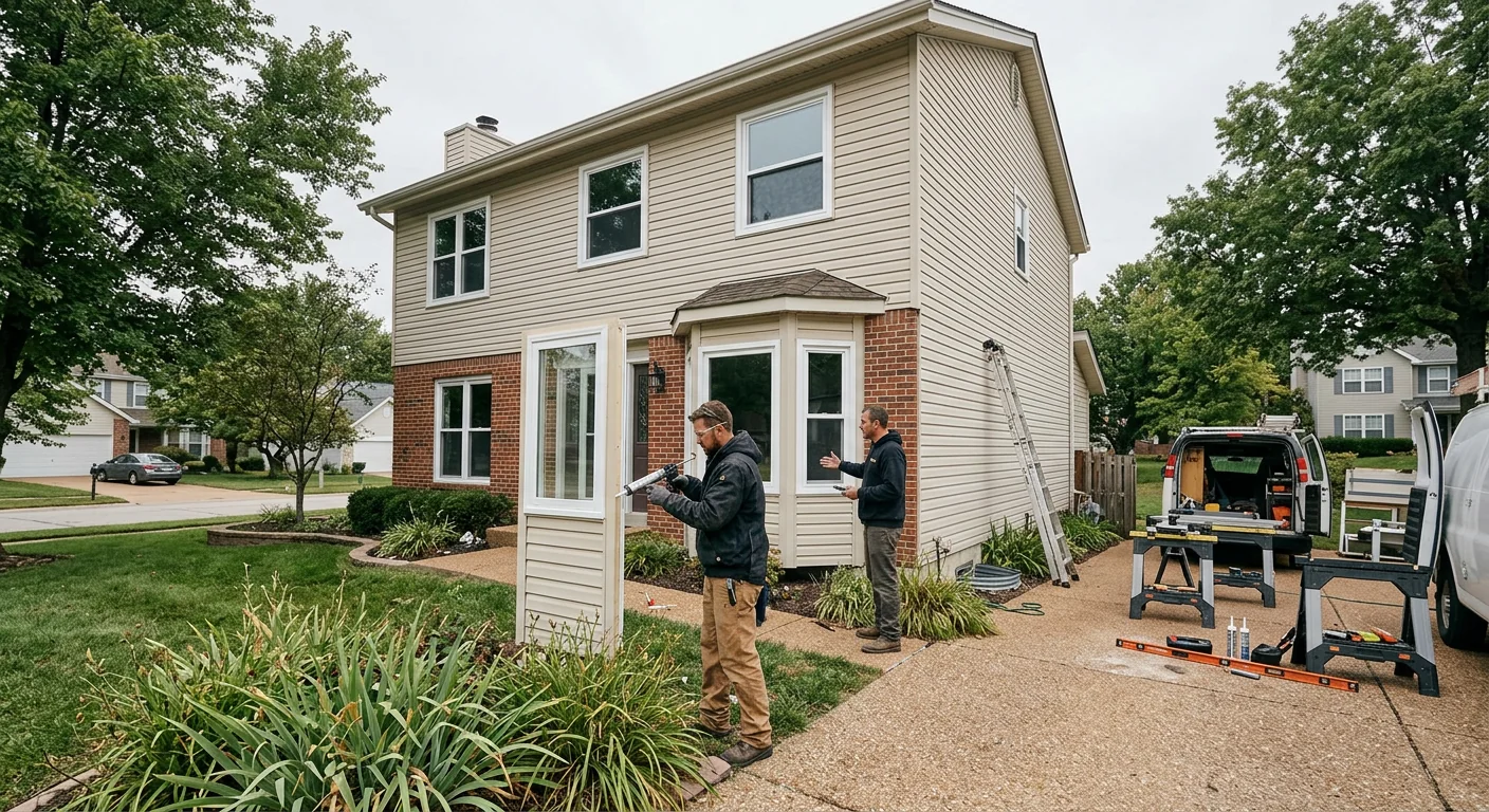 Two-story Chesterfield home showing multiple completed replacement windows across the front facade