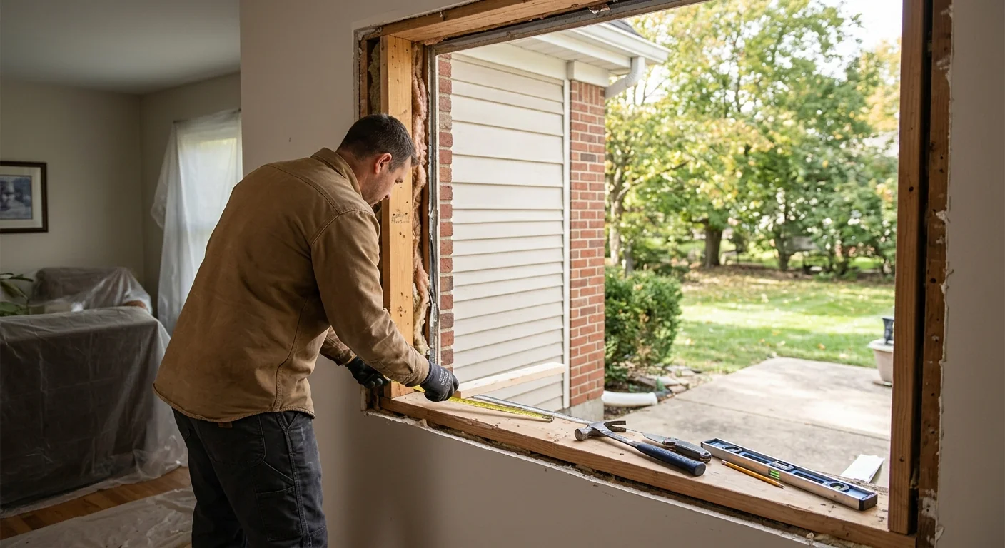Window opening measured and prepped with shims during a replacement job