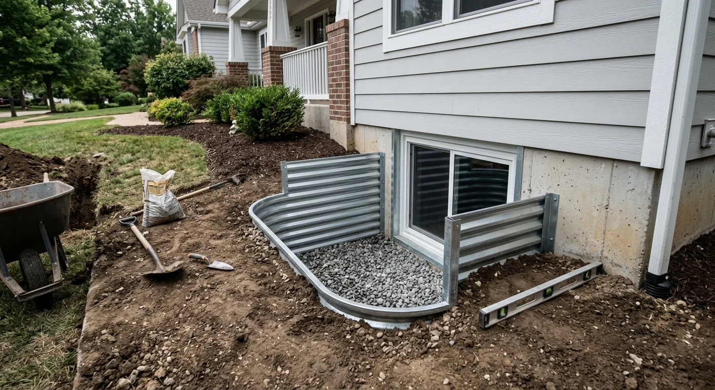 Basement egress window with window well installed at a suburban Chesterfield property