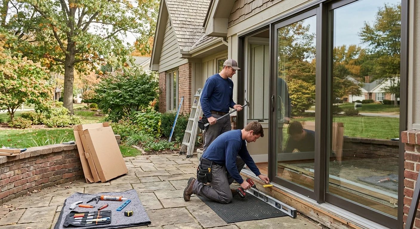 Replacement sliding glass patio door installed at the rear of a Chesterfield residence