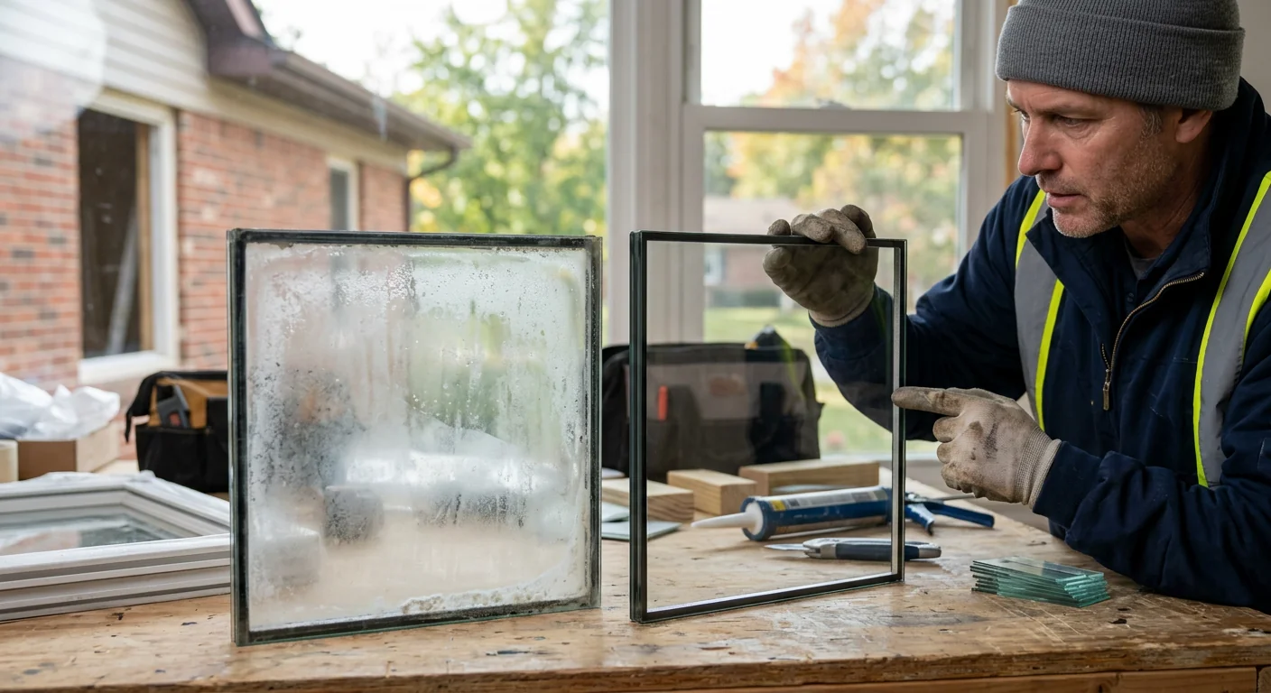 Comparison of a fogged failed glass unit beside a clear replacement pane